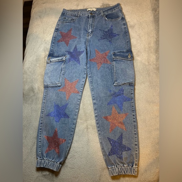 Y2K Star Rhinestone Cargo Jogger Jeans LIC Lizette Collection Size 13 - Picture 4 of 16